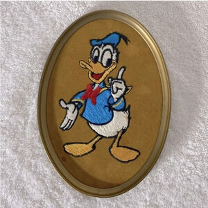 Vintage Ecstasy Giftware Tan Velvet Embroidered Oval Framed  Art Donald Duck